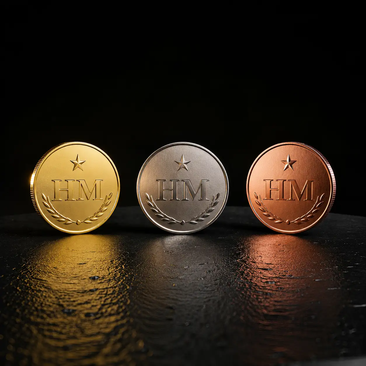 Drei geprägte Heldenmedaillen in Gold, Silber und Kupfer nebeneinander auf dunklem Grund, jede mit HM-Monogramm