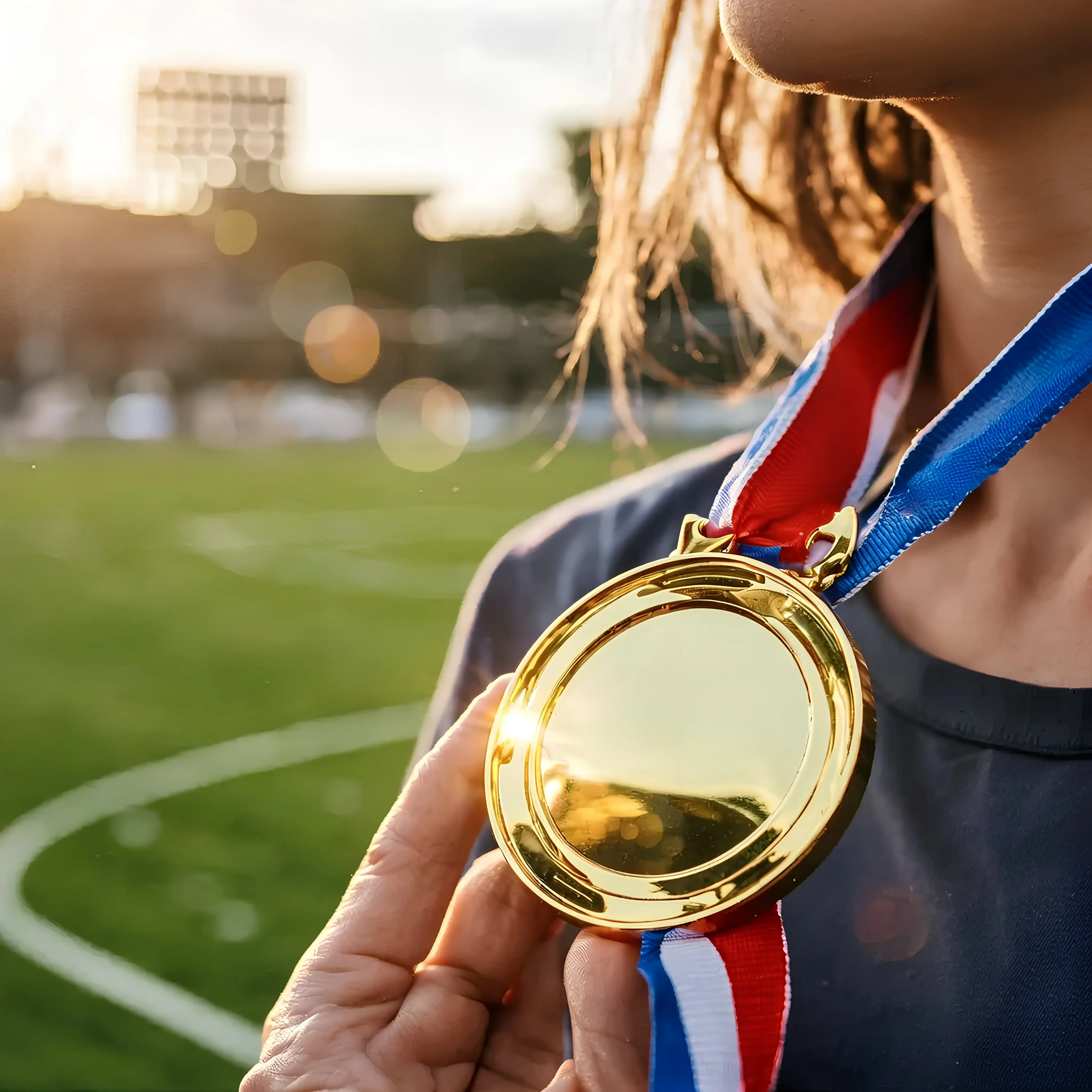 Person mit einer goldenen Siegermedaille um den Hals